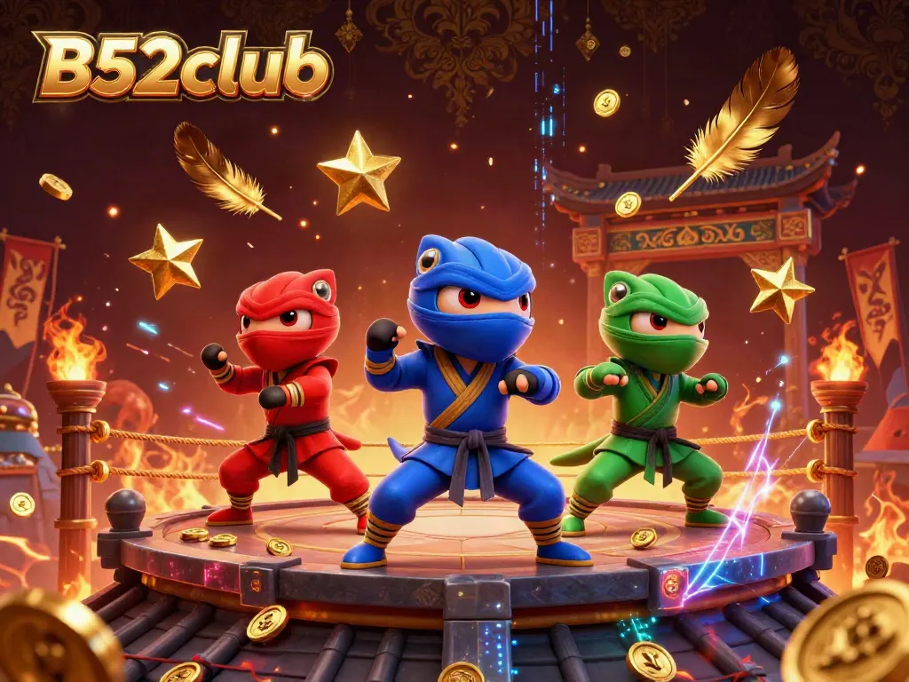 B52club ninja chameleons showcasing an energetic martial arts scene with dynamic gambling elements and golden details.