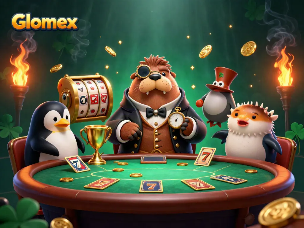 Engage with Glomex's thrilling poker scene featuring charming aquatic players and dynamic game elements.