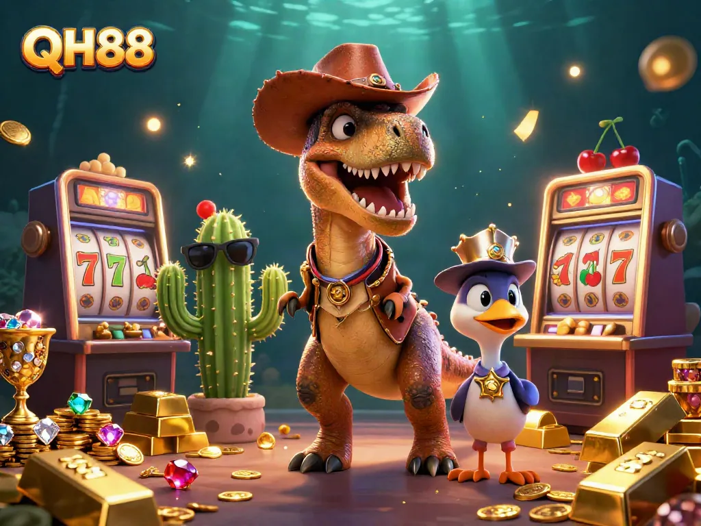 Experience thrilling gameplay at QH88 with cartoon dinosaur and vibrant gaming elements!