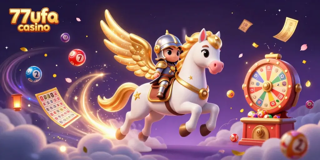 Play thrilling games at 77ufa casino, featuring vibrant lottery elements and a celestial theme.