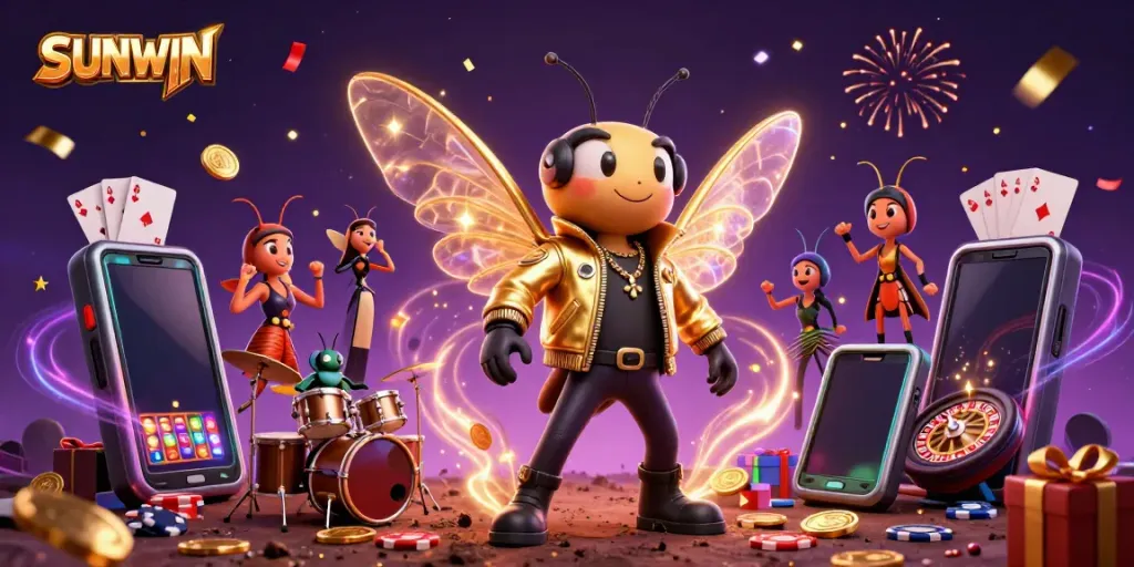 Experience the excitement of SUNWIN with a rock star cicada and gaming elements in a vibrant 3D scene.