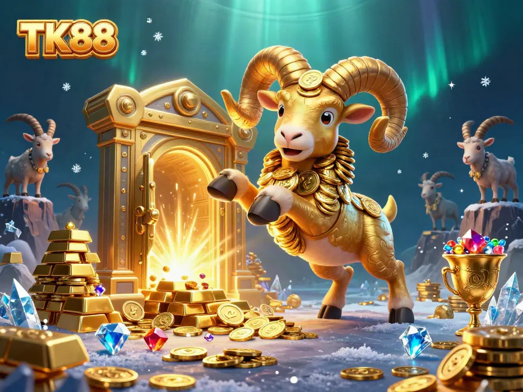 Experience the excitement of TK88 with a golden ram charging through a treasure-filled casino scene.