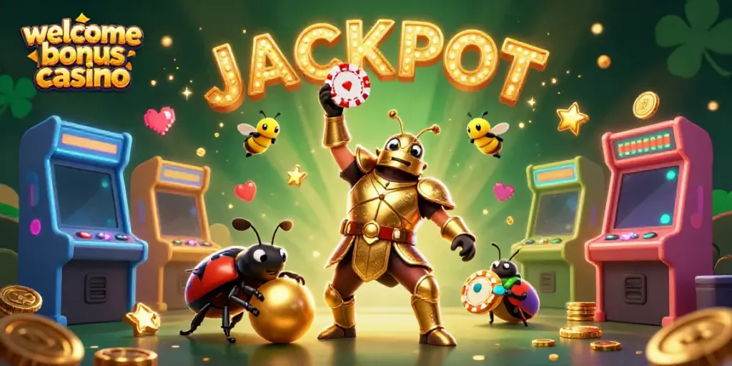 Celebrate with the welcome bonus casino featuring characters and gaming elements in a vibrant scene.