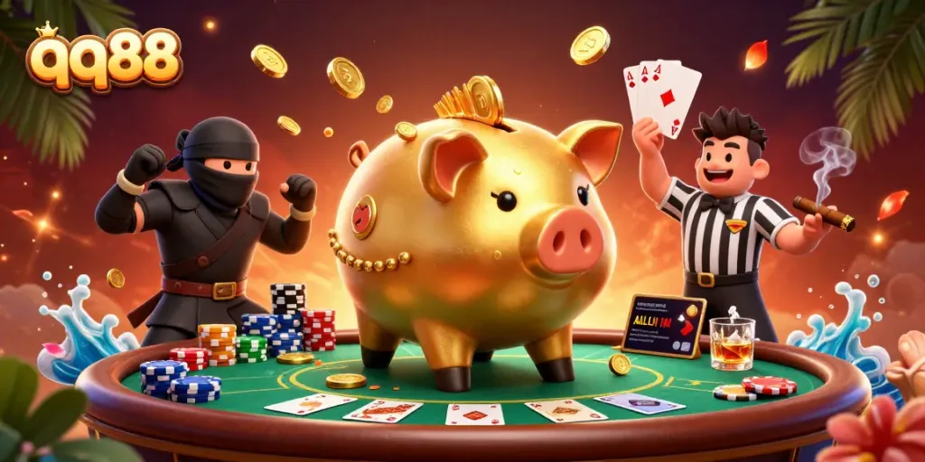 Engage with qq88 gameplay as the golden piggy bank sumo wrestler triumphs, coins flying everywhere.