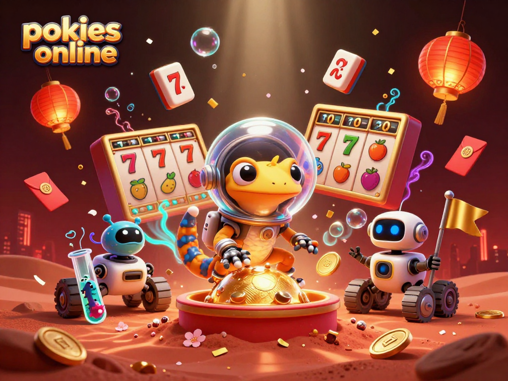 Experience the thrill of pokies online with a Martian gecko uncovering a golden casino on Mars.