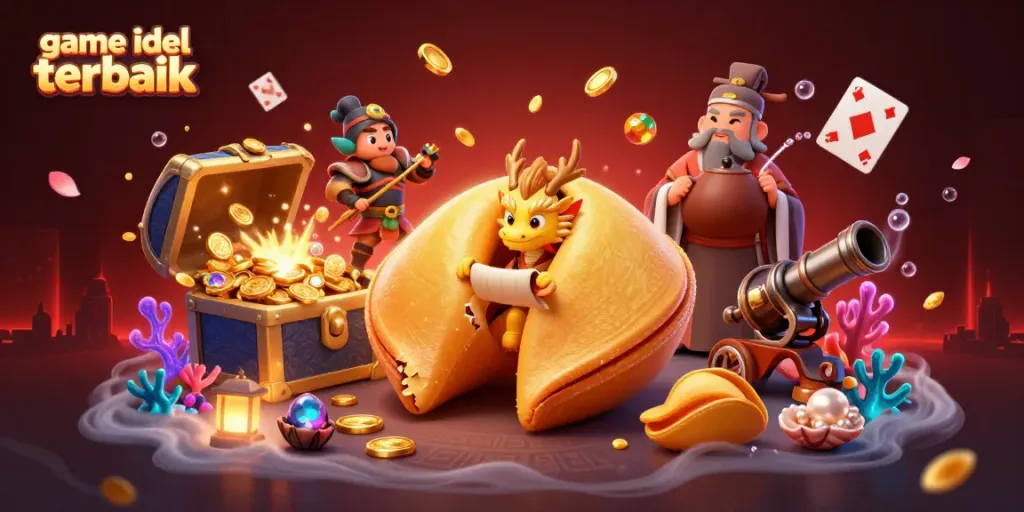 Permainan menarik game idle terbaik dengan karakter kartun, harta karun, dan elemen kasino yang seru.