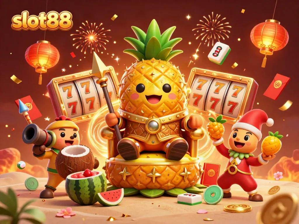 Engage in fun with slot88 as the golden pineapple king reigns over a festive beach casino atmosphere.