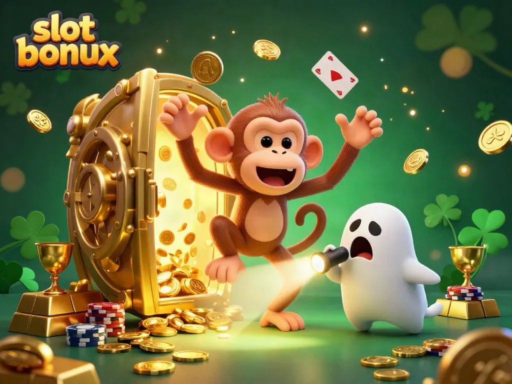 Engaging scene featuring poltergeist monkey juggling golden slot bonus elements in a bustling casino environment.