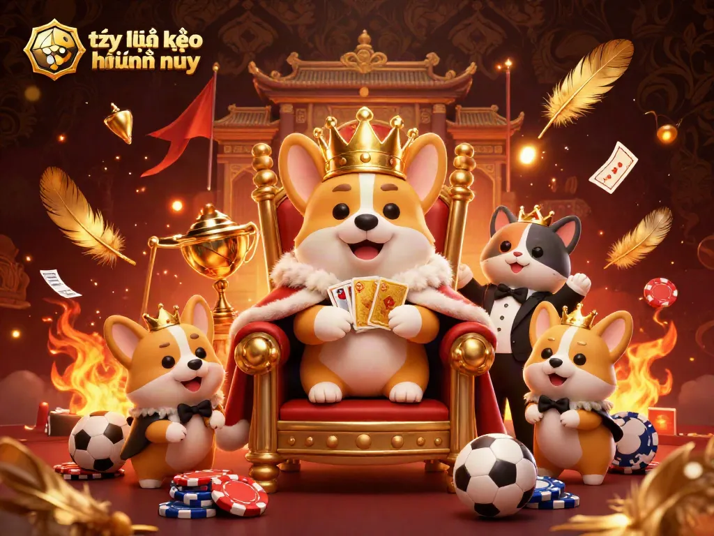Engage with tỷ lệ kèo nhà cái hôm nay in a vibrant 3D casino scene featuring royal corgis and sports elements.