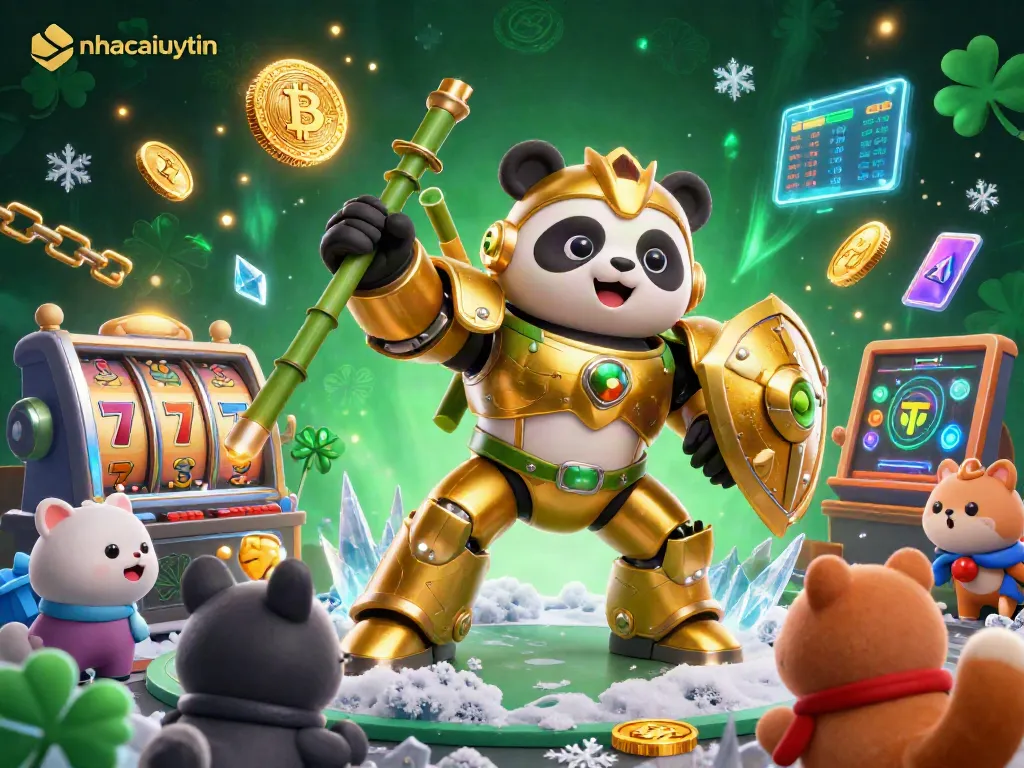 Experience vibrant gameplay with nhacaiuytin in a bustling casino featuring gold panda mech and crypto coins.