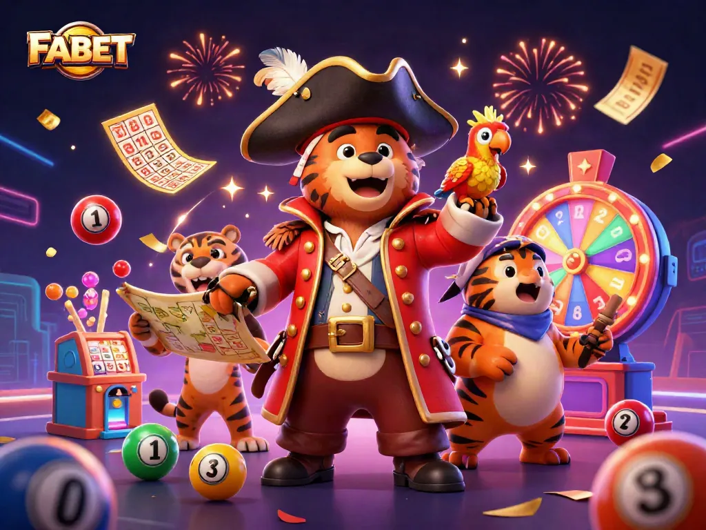 Engaging FABET casino illustration with a pirate bear, tiger, and treasure map elements.