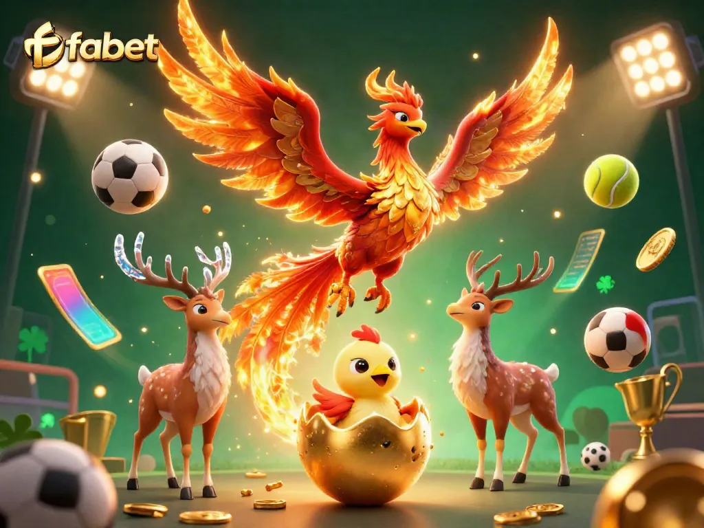 Experience thrilling wins with fabet, featuring a phoenix soaring amidst dynamic sports elements and a mystical stag.