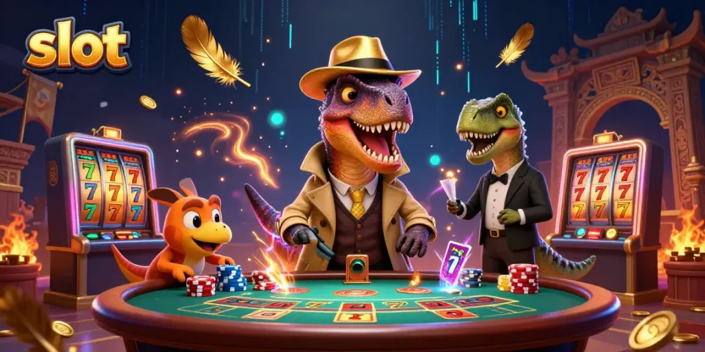 Dynamic depiction of a slot scene with a velociraptor card counter and thrilling casino elements.