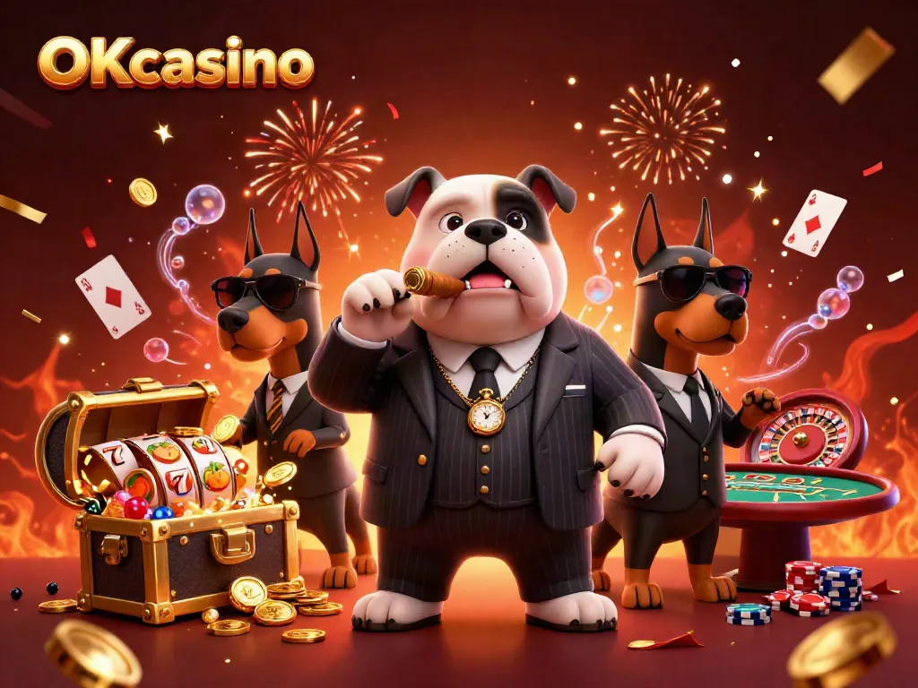 ภาพจาก OKcasino แสดงบอสหมาบูลด็อกในชุดสูทพร้อมการหมุนสล็อตและฉากคาสิโนสุดหรู