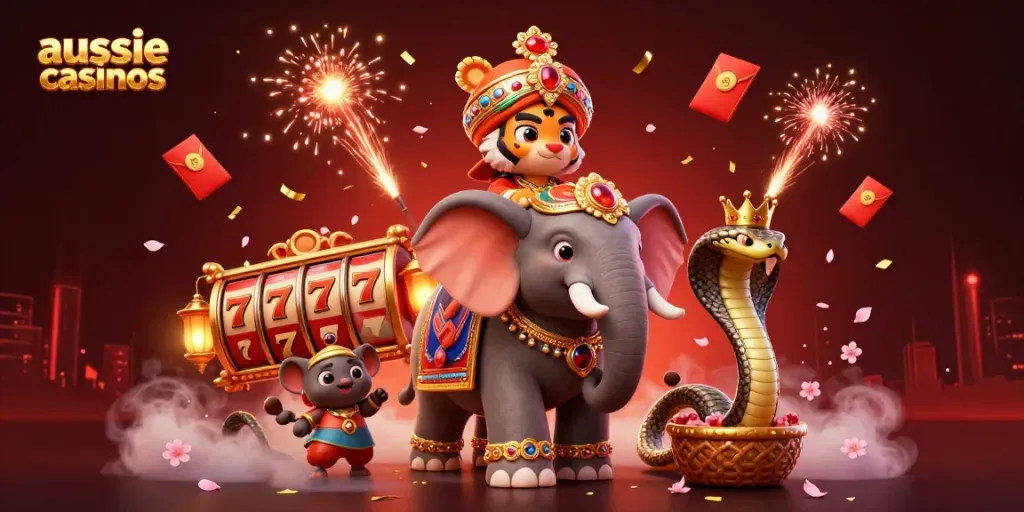 Aussie casinos scene with a cartoon maharaja tiger riding an elephant amidst vibrant slot elements.