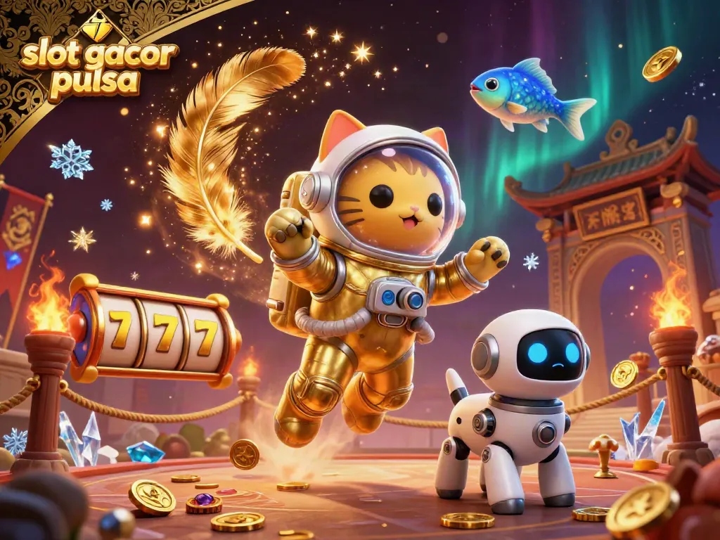Engage with slot gacor pulsa through vibrant 3D illustration depicting an astronaut cat and robot dog in a dynamic casino scene.