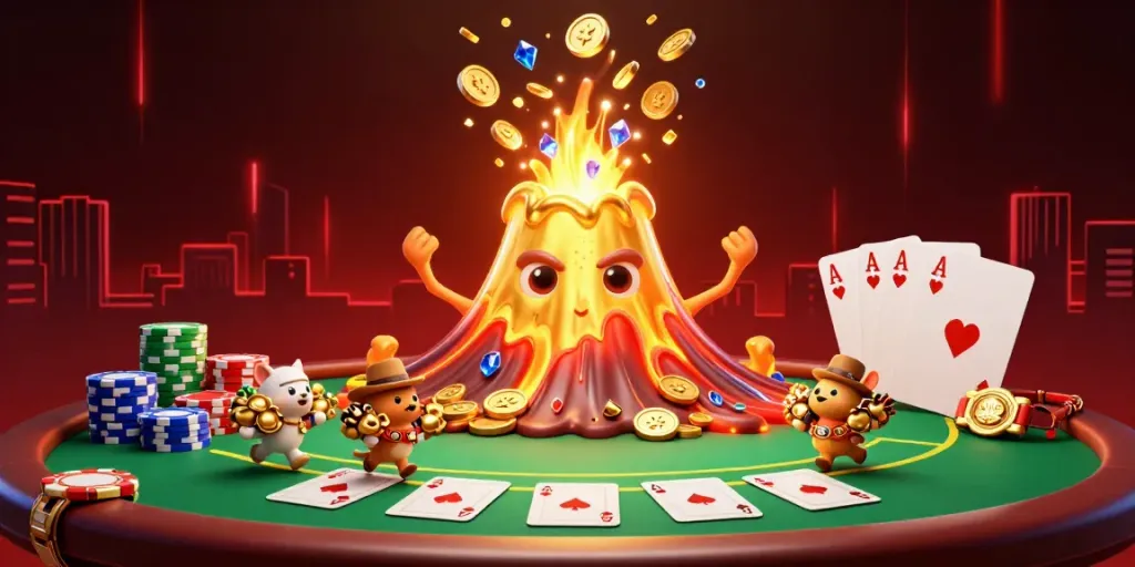 Experience the best online casino with a 3D cartoon volcano erupting treasure in a vibrant gaming scene.