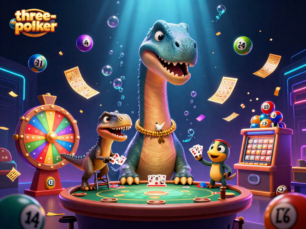 Experience thrilling three-card-poker action in a vibrant casino scene with dinosaurs!