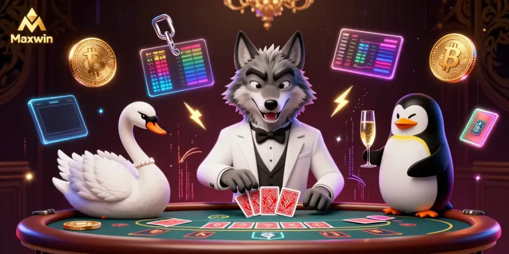 Experience Maxwin with an animated casino scene featuring a stylish wolf, elegant swan, and penguin sommelier.