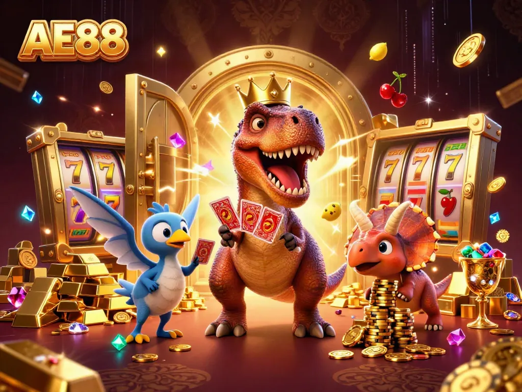 AE88 casino illustration featuring a cartoon T-Rex shuffling cards, pterodactyl assistant, and triceratops stacking chips.