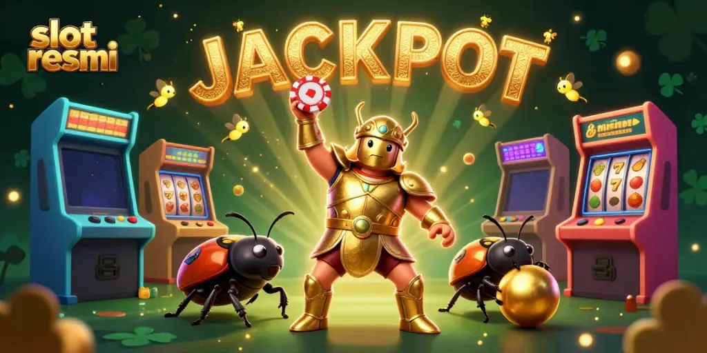 Watch the victorious hercules beetle lifting a poker chip while surrounded by vibrant slot resmi elements.