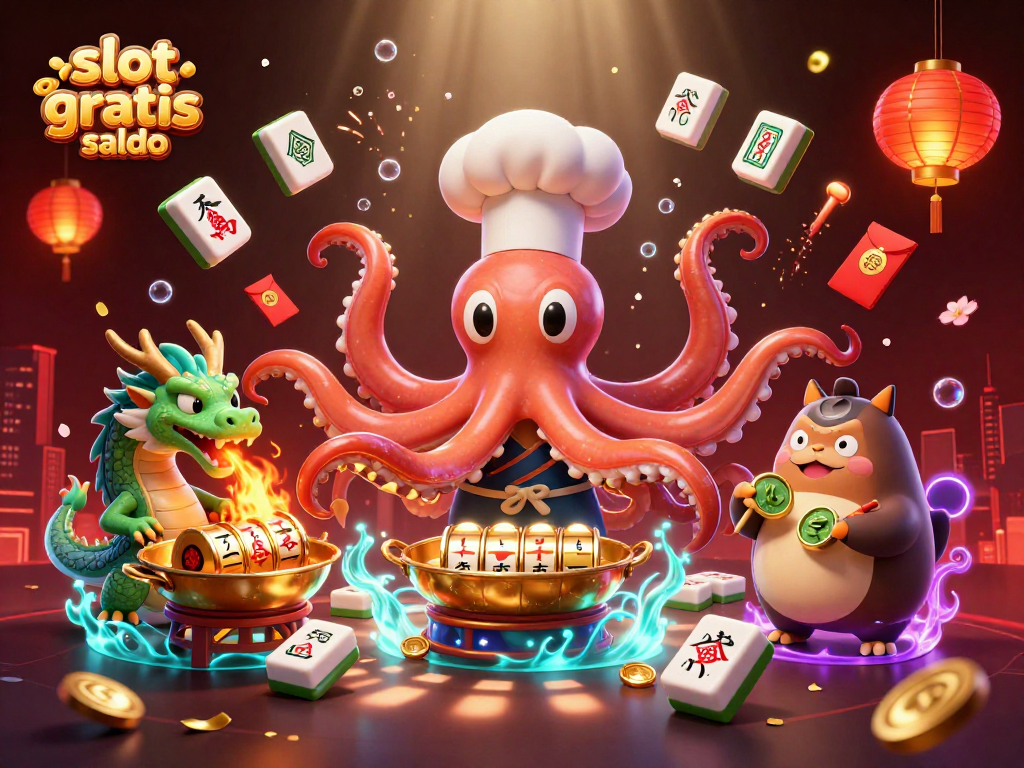Engage in thrilling action with slot gratis saldo, featuring an octopus chef and golden slot reels.