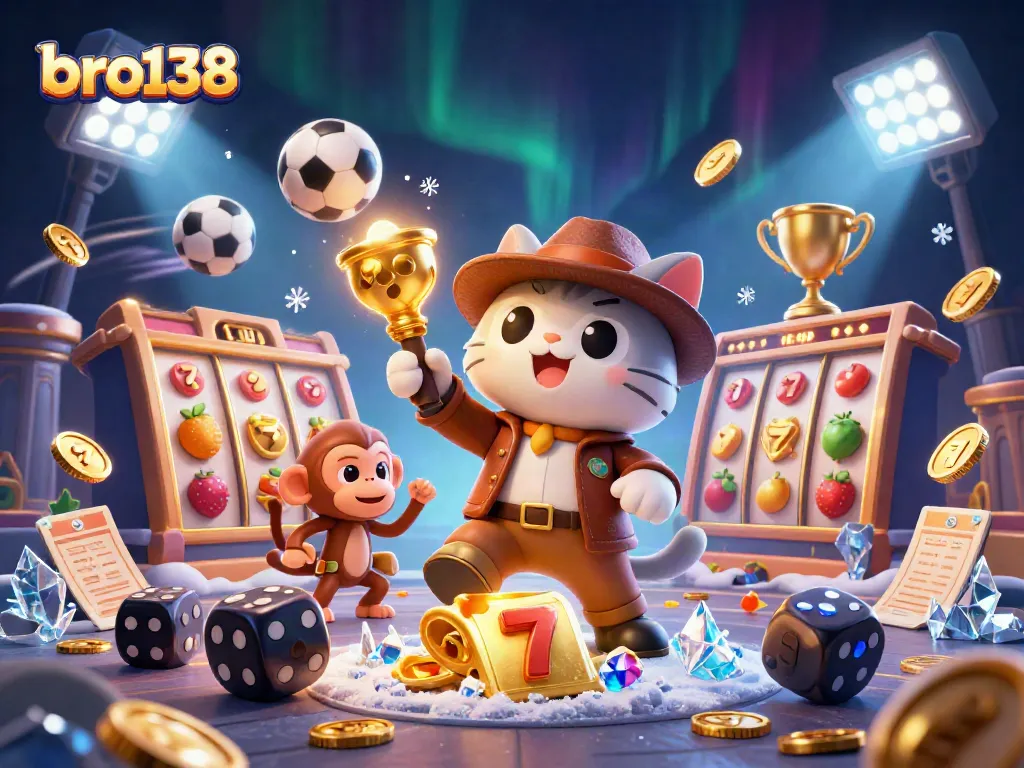 Experience bro138's thrilling casino adventures with a cat explorer finding treasures in a vibrant scene.