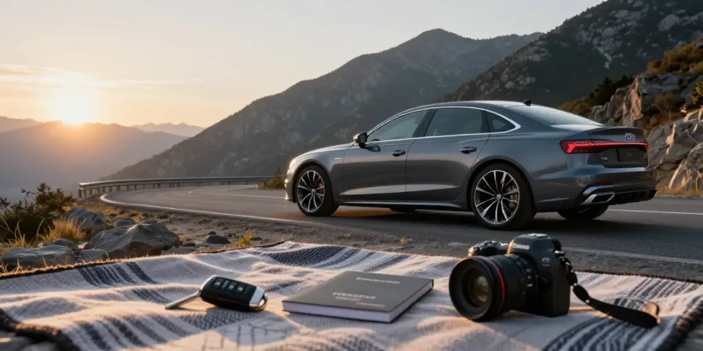 A80 platform vehicle at a scenic overlook, showcasing its performance design in beautiful morning light.