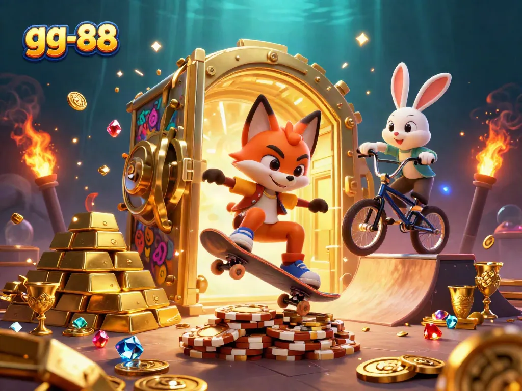 Experience the thrill of winning with gg-88 in this vibrant casino scene featuring animated characters and sparkling treasures.