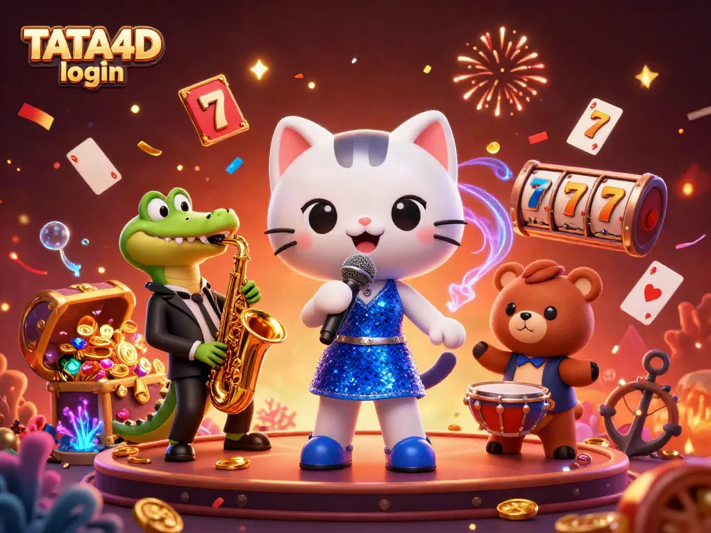TATA4D login showcases a vibrant casino scene with a jazz-singer cat and colorful slot elements.