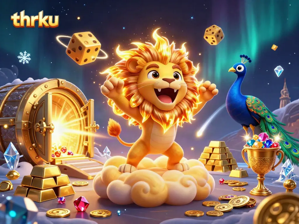 Engage in thrilling gameplay with thrku, featuring a vibrant 3D casino scene bursting with symbols of luck and fortune.