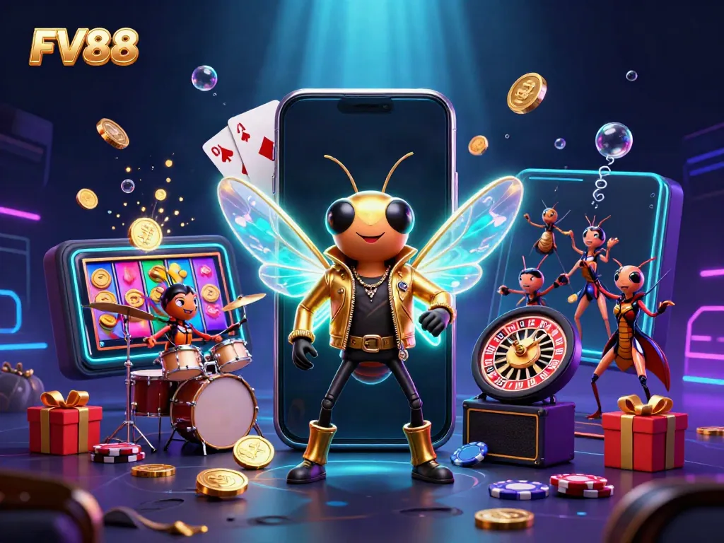 FV88 rock star themed online casino illustration featuring colorful slot game action.