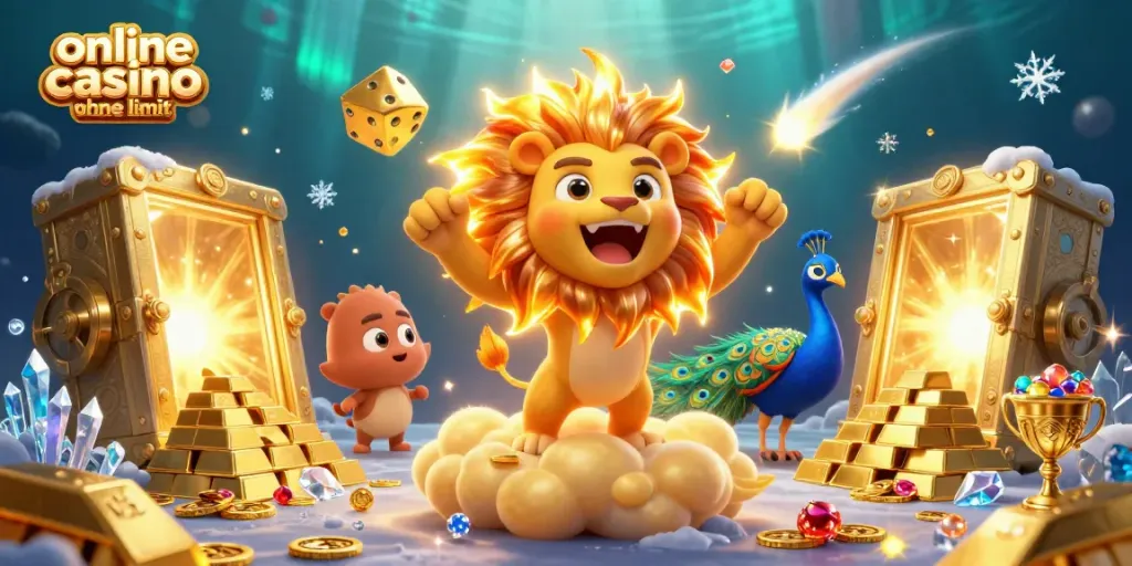 Experience thrills in an online casino ohne limit with a vibrant 3D illustration of a roaring sun lion amidst dynamic gaming elements.