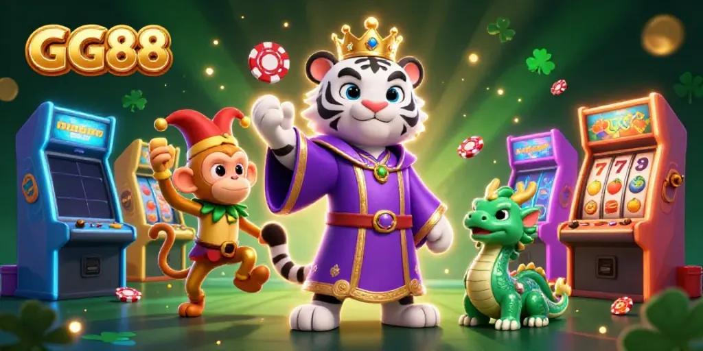 Experience the thrill of GG88 casino gaming with a lively illustration featuring a tiger, monkey, and dragon!