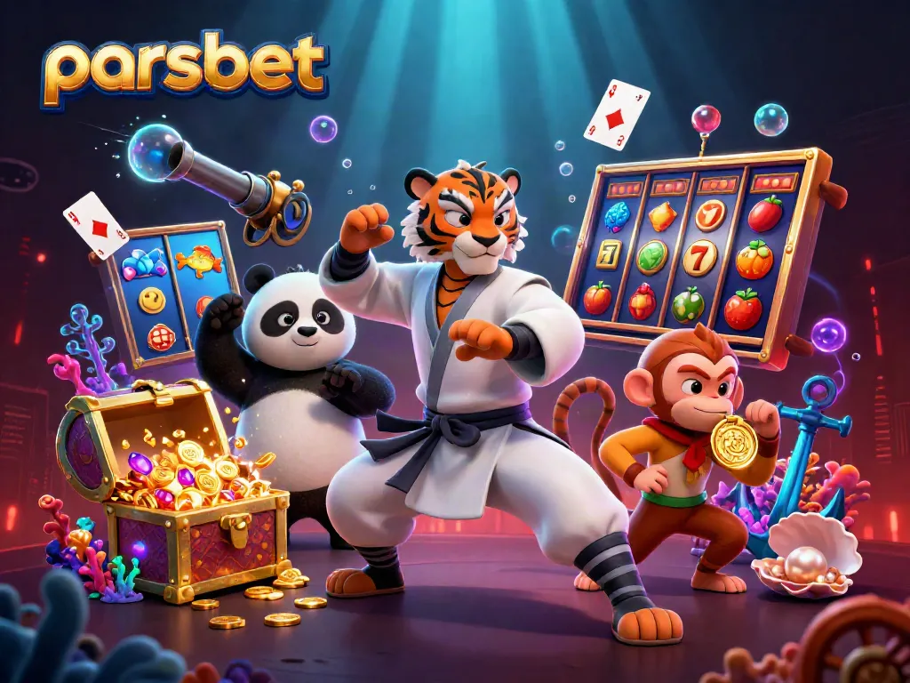 Experience thrilling gameplay with parsbet as a kung fu tiger master, panda disciple, and monkey student in a vibrant casino scene.