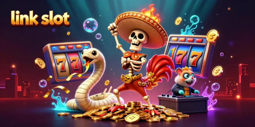 Engage with the thrilling world of link slot through a vibrant 3D scene featuring cartoon characters and casino elements.
