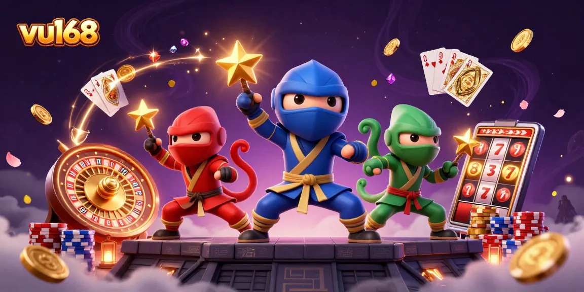 Watch the vu168 ninja chameleon team as they throw golden coins and gems in a vibrant casino scene.