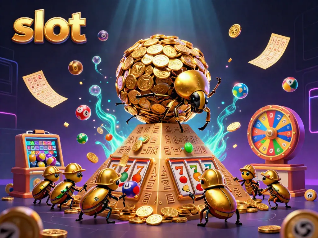 Engage with innovative slot gameplay featuring a golden beetle pushing coins and vibrant casino symbols.