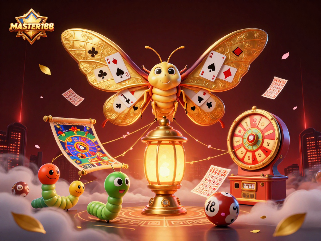 Play and win with MASTER188's vibrant lottery scene featuring 3D characters and elements.