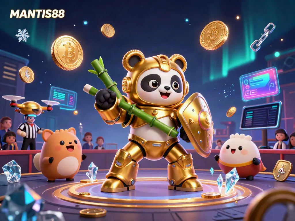 MANTIS88 features an immersive casino scene with a golden panda mech-suit engaging in gaming excitement.