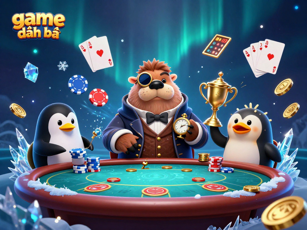 Experience the excitement of game đánh bài with a jolly walrus at an underwater poker table.