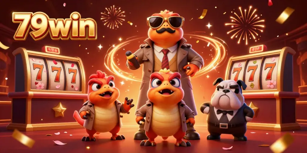 Engage in exciting games at 79win with vibrant slot reels and three funny raptors trying to enter a VIP lounge.