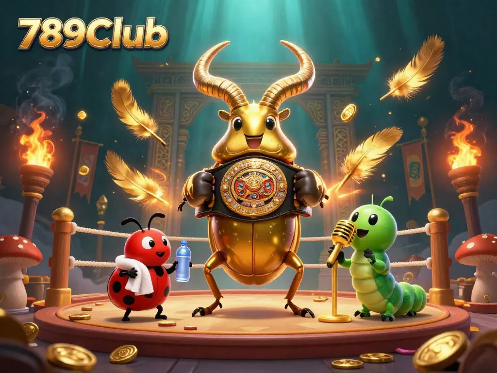 Engage with 789Club's dynamic gaming scene featuring a golden stag beetle with a championship belt.