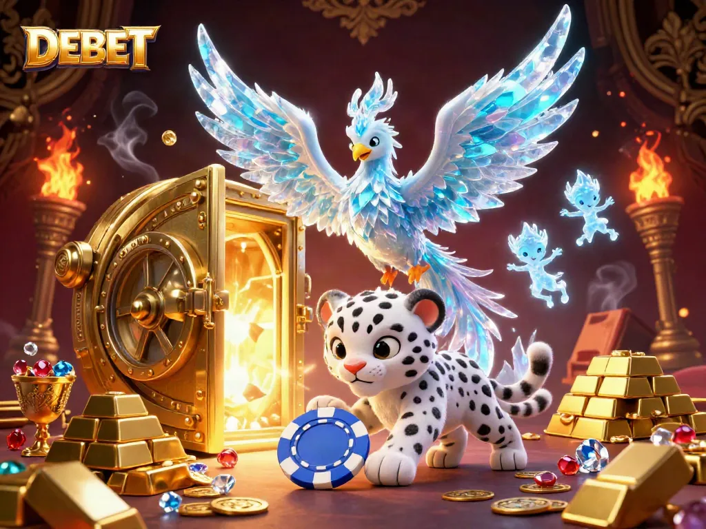 Engage with DEBET's vibrant casino scene featuring an ice phoenix, poker cub, and sparkling treasures.
