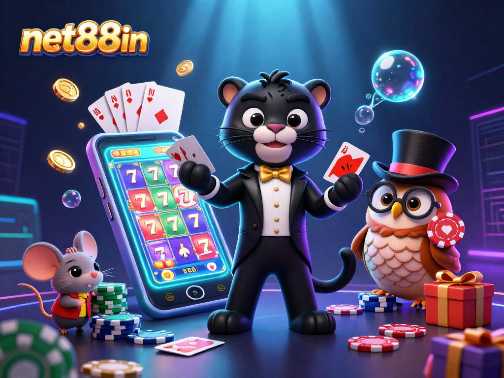 Engage with net88in's thrilling card games featuring a stylish panther dealer and rich casino elements.