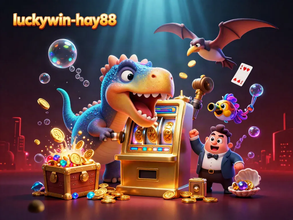 luckywin-hay88 features a dinosaur headbutting a slot machine for jackpot coins in a vibrant casino scene.
