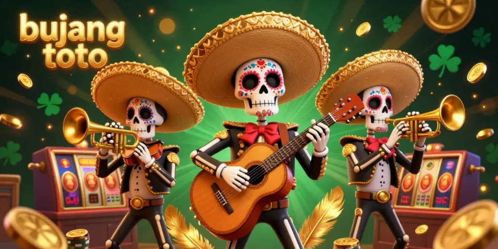 Experience vibrant gaming with bujang toto's colorful mariachi band illustration in a dynamic casino backdrop.