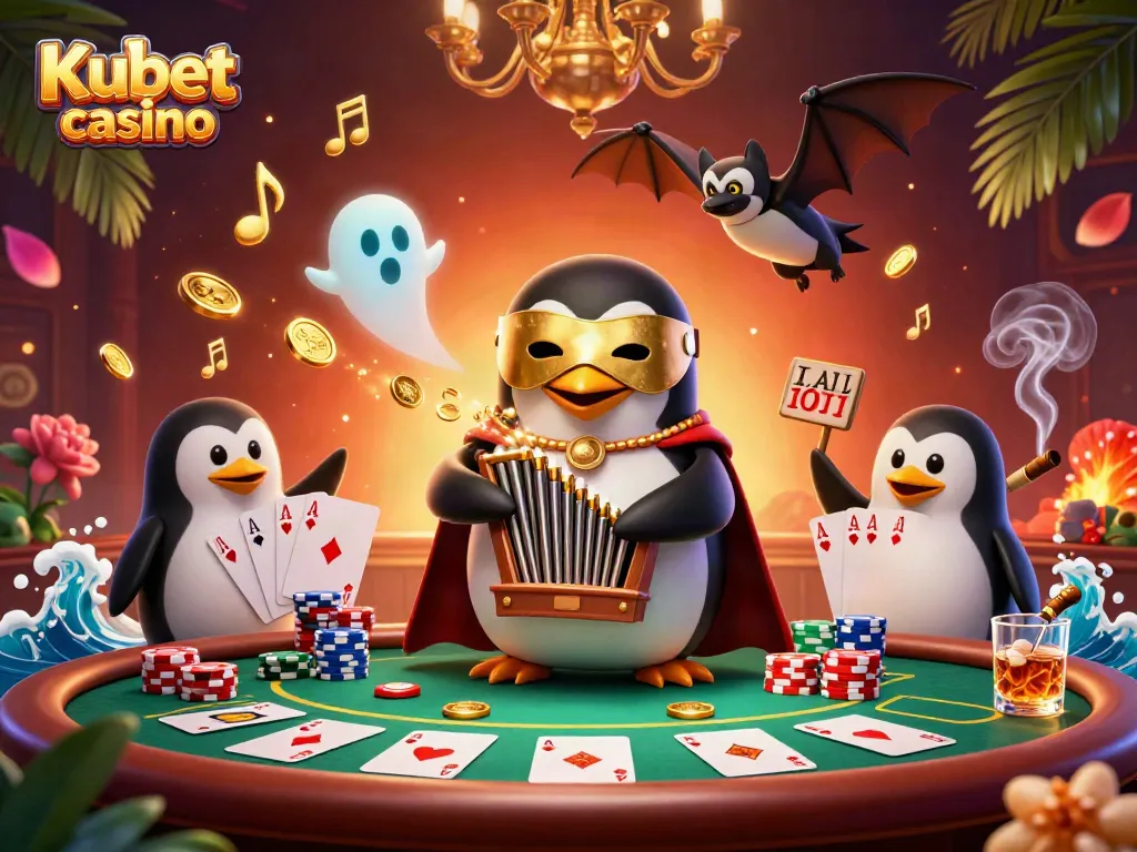 Kubet casino showcases a thrilling scene with a penguin phantom playing an organ that spills golden coins amidst poker elements.
