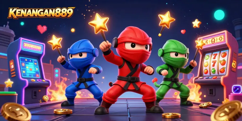 Experience KENANGAN889's thrilling world with ninja chameleons battling amid vibrant casino elements.