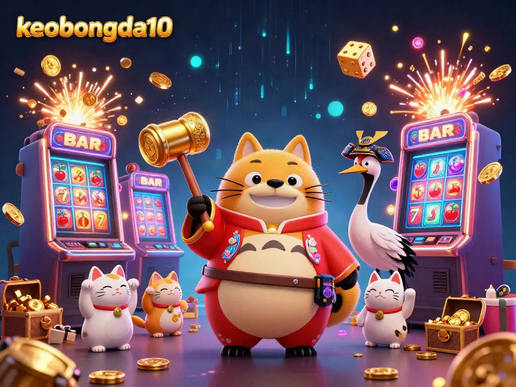 Experience excitement with keobongda10's vibrant casino scene featuring cheerful tanuki, jackpot machines, and fortune cats.